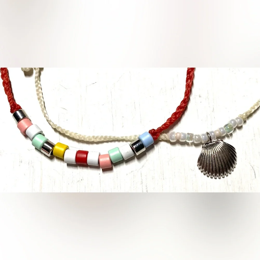 PuraVida Cream Red Braided Beaded Shell Charm String Bracelets Boho Y2K Festival